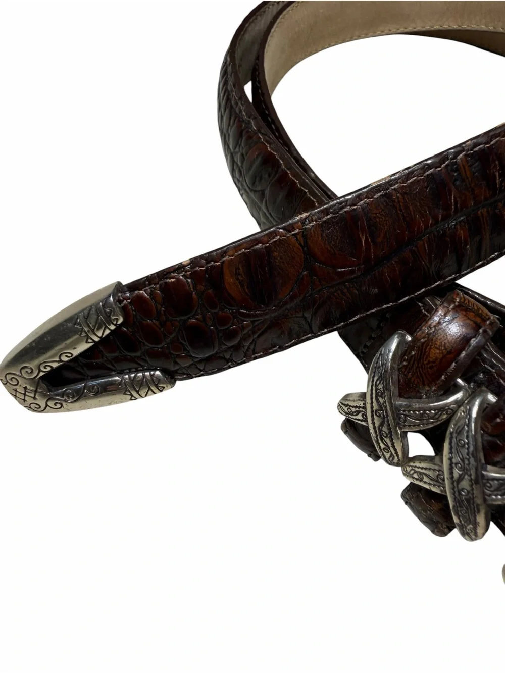 Brighton Brown Leather Crocodile Embossed Silver Buckle Belt Size 34 large